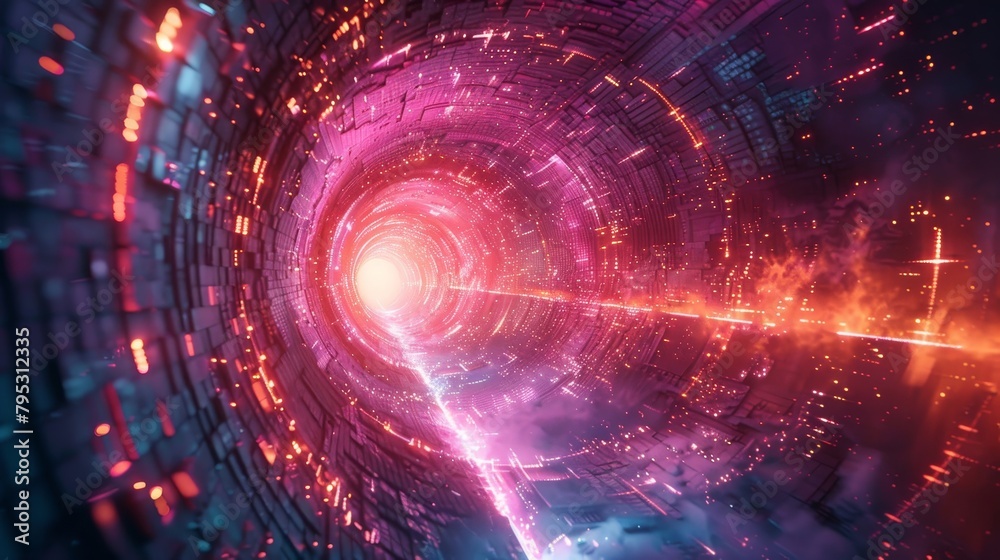 Obraz premium A glowing pink and blue tunnel with a bright light at the end.