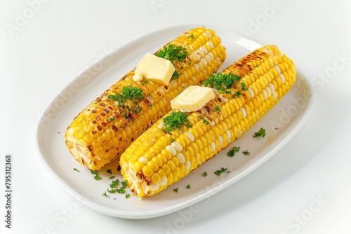 Boiled corn with butter on a cutting board.