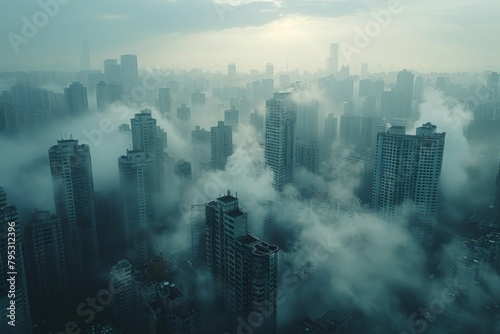 High air pollution, low visibility, modern high-rise buildings in urban offices, high resolution photography, depth of field, wide angle, low camera position, extra wide view, centered composition,