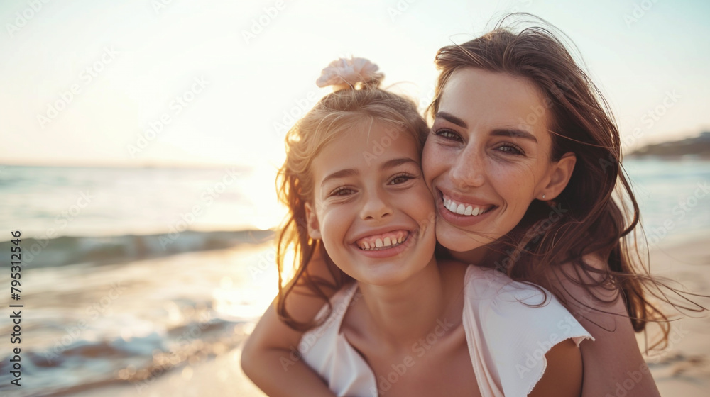 A charming daughter and a smiling young mother enjoying themselves on the beach. Picture of a content sister riding pillion on an adorable little girl by the sea