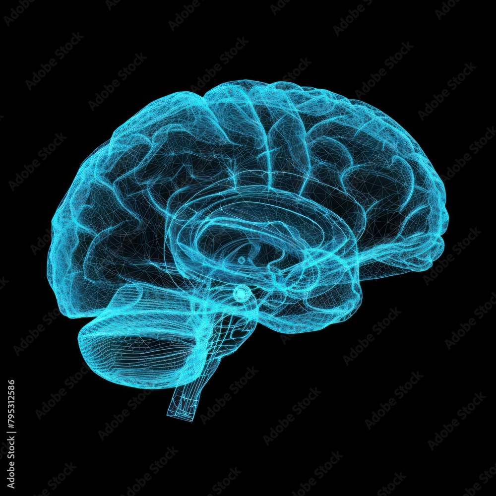 Glowing wireframe of brain blue black background tomography. Glowing wireframe of brain blue black background tomography.