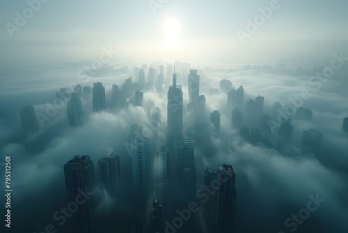 High air pollution, low visibility, modern high-rise buildings in urban offices, high resolution photography, depth of field, wide angle, low camera position, extra wide view, centered composition,