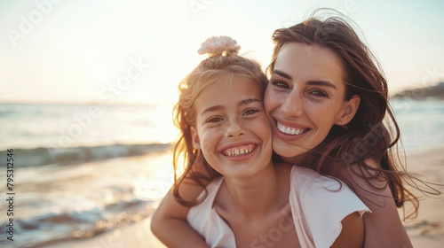 A charming daughter and a smiling young mother enjoying themselves on the beach. Picture of a content sister riding pillion on an adorable little girl by the sea photo