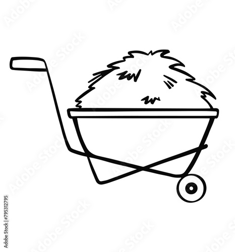 Cart with hay sketch. linear vector illustration