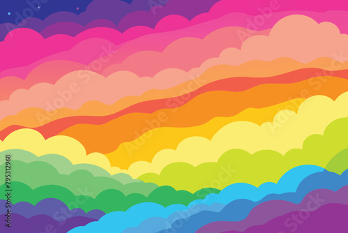 Colorful watercolor background of abstract sunset sky with puffy clouds in bright rainbow colors of pink green blue yellow and purple vector © mobarok8888