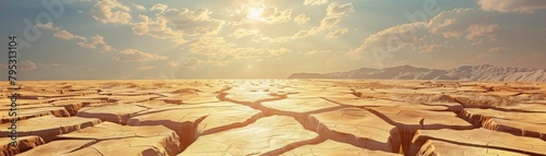 A stark desert scene at midday, showcasing the cracked land's response to the scorching sun and global crisis. photo