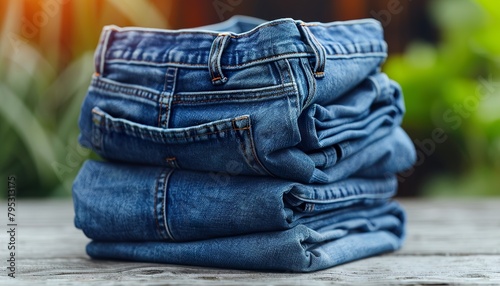 stack of folded blue jeans