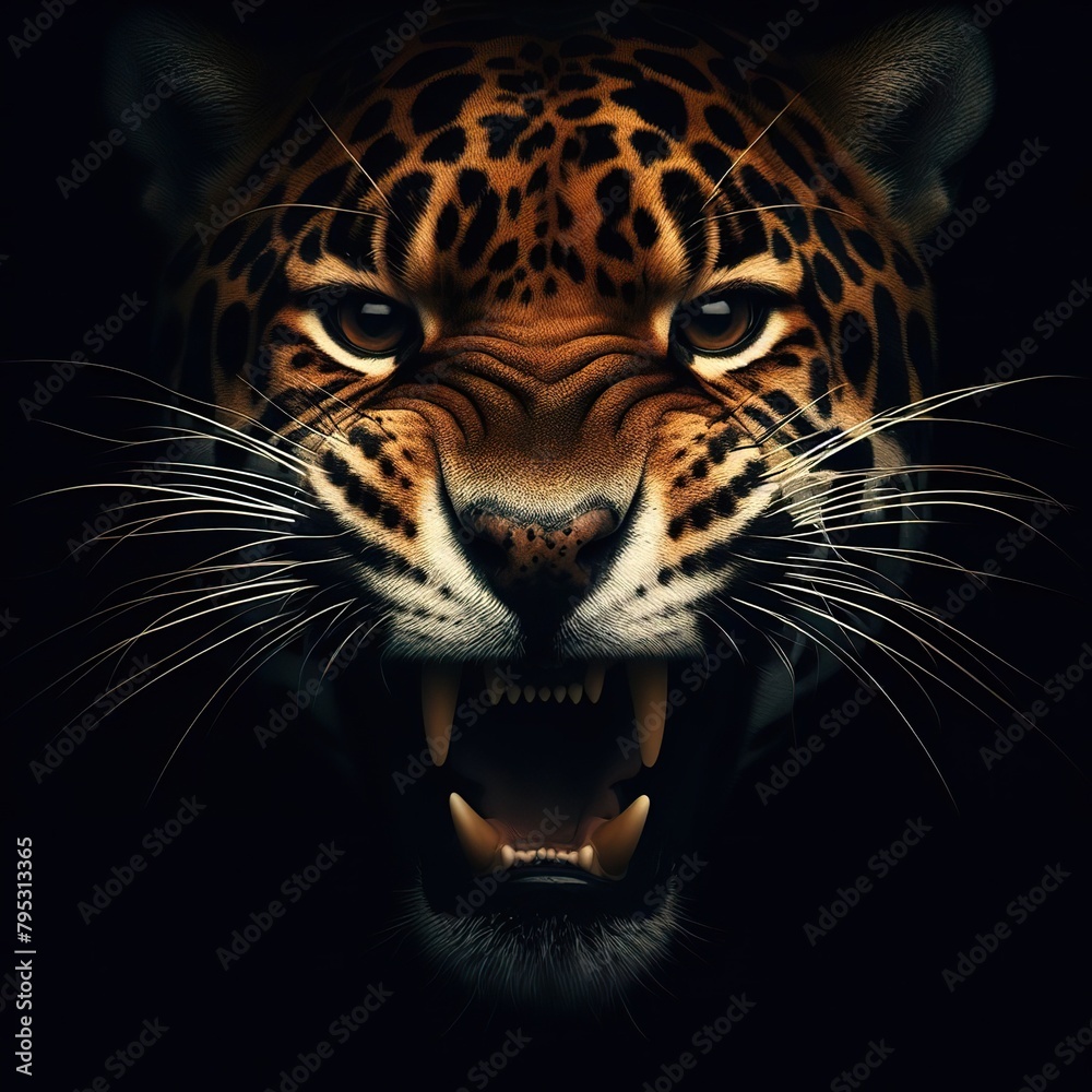 A violent Jaguar portrait, with the rim light. The background is black. Minimalist photography A violent Jaguar portrait, with the rim light. The background is black. Minimalist photography