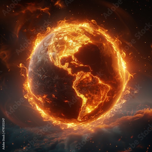 Global boiling concept with Vivid depiction of Earth with continents aflame, illustrating environmental urgency.