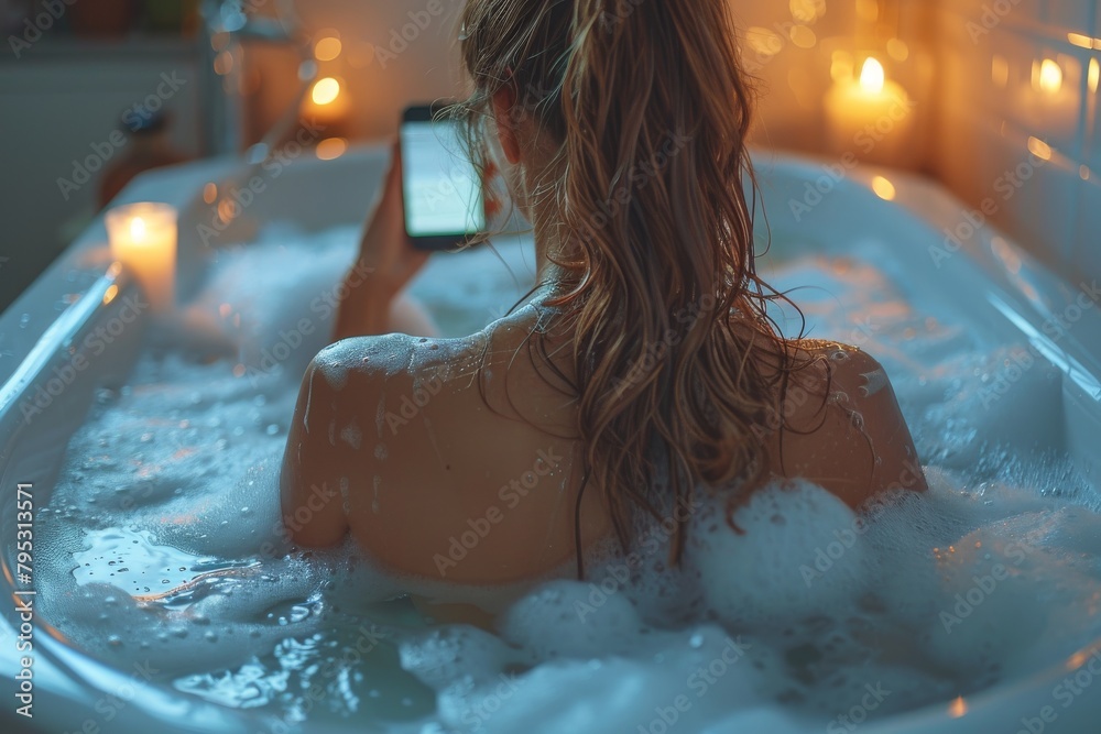 A woman is captured from behind as she relaxes in a bubble bath surrounded by candles, focused on her smartphone
