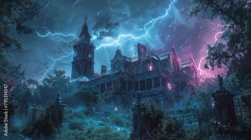 A decrepit haunted house surrounded by a stormy sky and bolts of lightning. photo