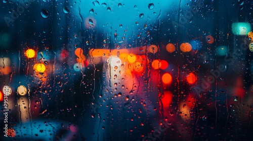 On a rainy night, a beautiful city scene unfolds, as the window, full of raindrops, reveals the city lights forming a blurry patch of light against the dark background.