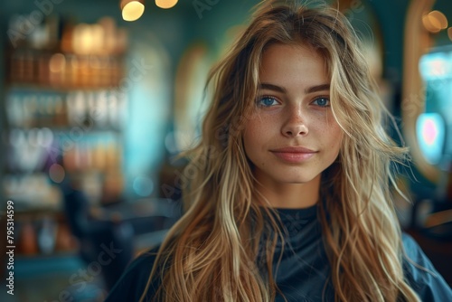 A captivating young woman with blond hair stands in a salon  evoking a sense of style