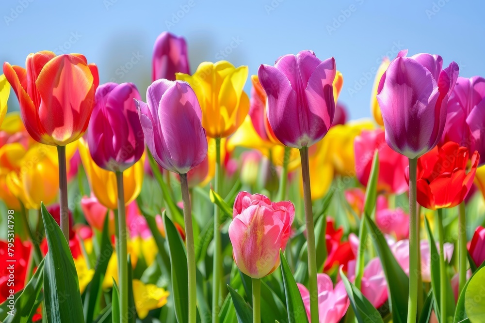 A vibrant field of tulips, with colorful blooms stretching to the horizon