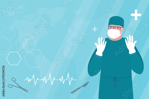 Surgeon in operating room. Doctor wearing professional uniform and medical mask and gloves. Cartoon male character. Clinic equipment, surgery preparation.