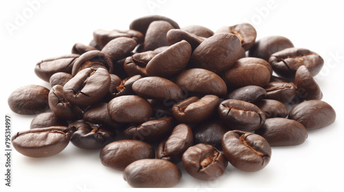 close-up photograph capturing the rich texture and aroma of coffee beans scattered gracefully on a white background, evoking the essence of a freshly brewed cup,