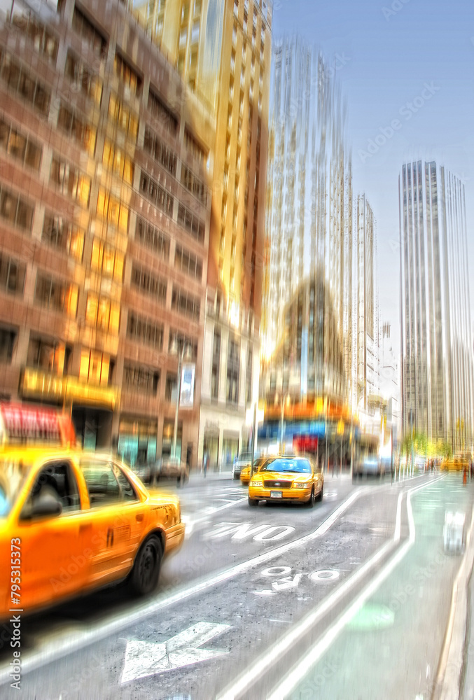 Street, city and blur of taxi, traffic and urban buildings outdoor in New York cityscape. Motion, town and road with car transport, architecture or infrastructure on landscape background in USA