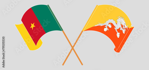 Crossed and waving flags of Cameroon and Bhutan