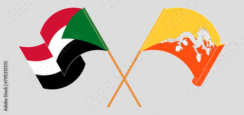 Crossed and waving flags of the Sudan and Bhutan
