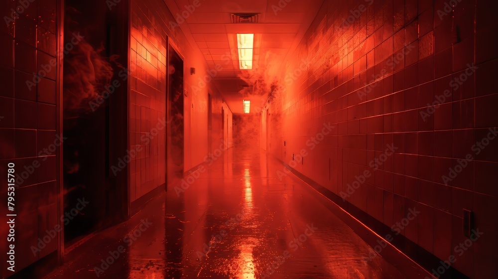 High school hallway lit only by the ominous, flickering flames, close-up shot emphasizes the play of light and shadow, enhancing the scare - obrazy, fototapety, plakaty 