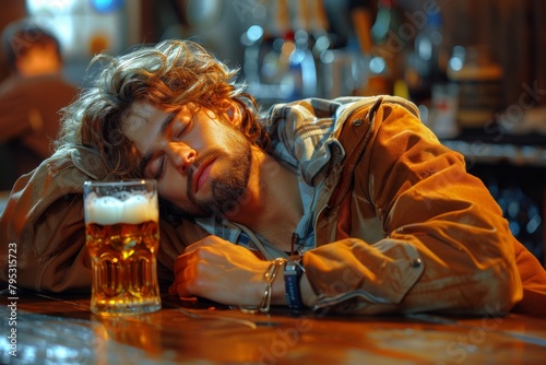 An individual appears to have fallen asleep at the bar with a glass of beer close by, portraying a scene of exhaustion or possible intoxication