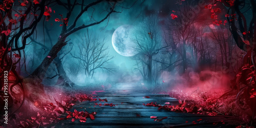 empty wooden table on Halloween red and blue spooky forest background with moon, trees, fallen leaves, dark fantasy,