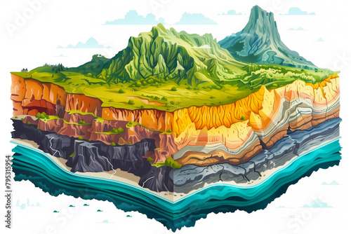 Geology, layers, plates, tectonics section. Schematic abstract view of the bowels of the earth using the example of various landscapes of mountains, rivers, sea, cliff shore