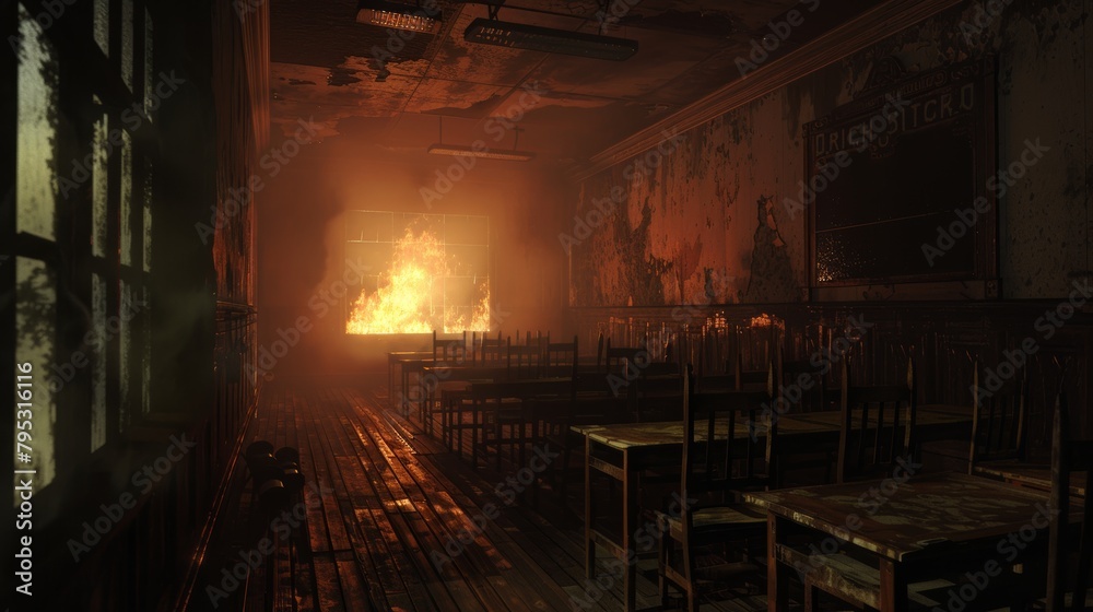 Close perspective of an empty, old-style classroom, subtle flame in the background creates a chilling and haunted atmosphere