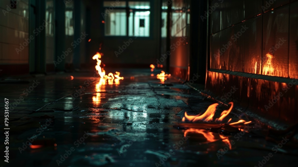 Close-up on small, mysterious flames flickering in a dark high school hallway, conjuring an unsettling and spooky feeling Close-up on small, mysterious flames flickering in a dark high school hallway, conjuring an unsettling and spooky feeling