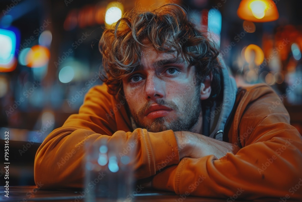 Deep in thought, a man's focused gaze accompanied by warm ambient lighting Deep in thought, a man's focused gaze accompanied by warm ambient lighting
