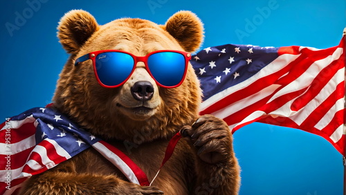  funny bear holding american flag with sunglasses red blue background generative AI