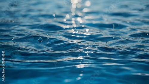 Blue sea water surface texture background. Close up view of blue sea water surface