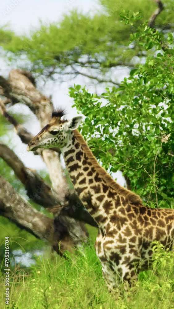 African giraffe moving in a lush nature on safari vertical video. African giraffe moving in a lush nature on safari vertical video.