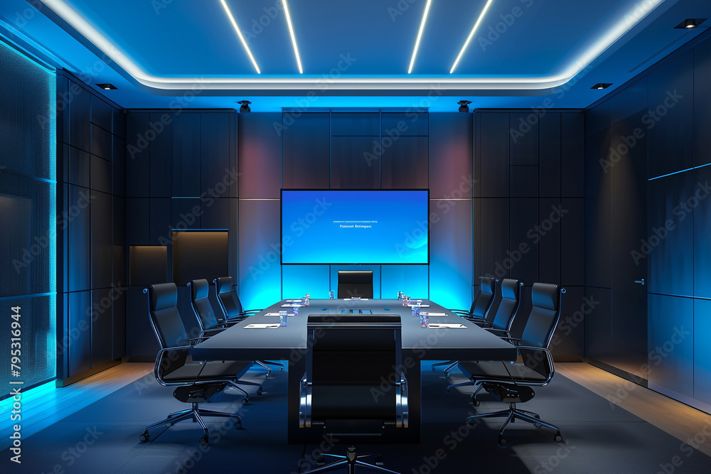 A conference room featuring AI-powered mood lighting systems, adjusting ambiance to enhance creativity and productivity during meetings.