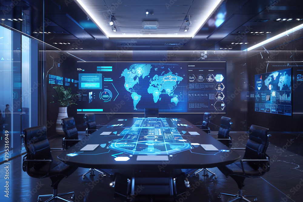 A conference room featuring AI-driven augmented reality overlays, enhancing presentations with interactive graphics and animations. A conference room featuring AI-driven augmented reality overlays, enhancing presentations with interactive graphics and animations.