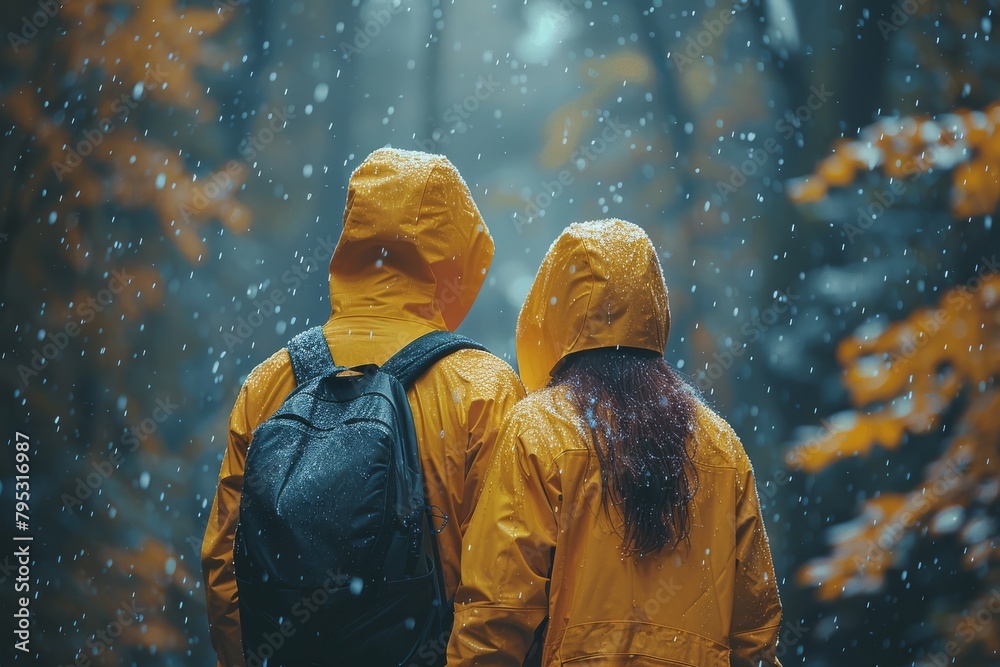 A couple in yellow raincoats stand close, enjoying the beauty of a rain-soaked autumn forest A couple in yellow raincoats stand close, enjoying the beauty of a rain-soaked autumn forest