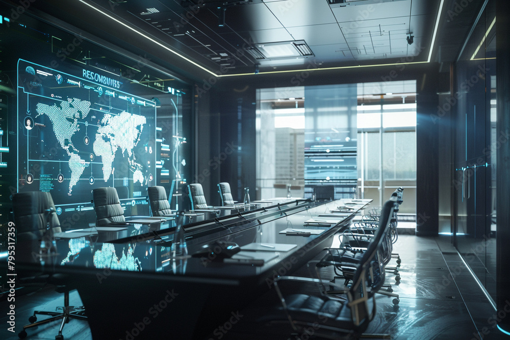 A conference room where AI algorithms analyze facial expressions and body language to provide real-time feedback on presentations and discussions. A conference room where AI algorithms analyze facial expressions and body language to provide real-time feedback on presentations and discussions.