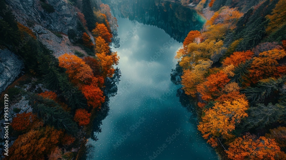 Fototapeta premium Aerial Drone view of colorful top of the forest and fall lake