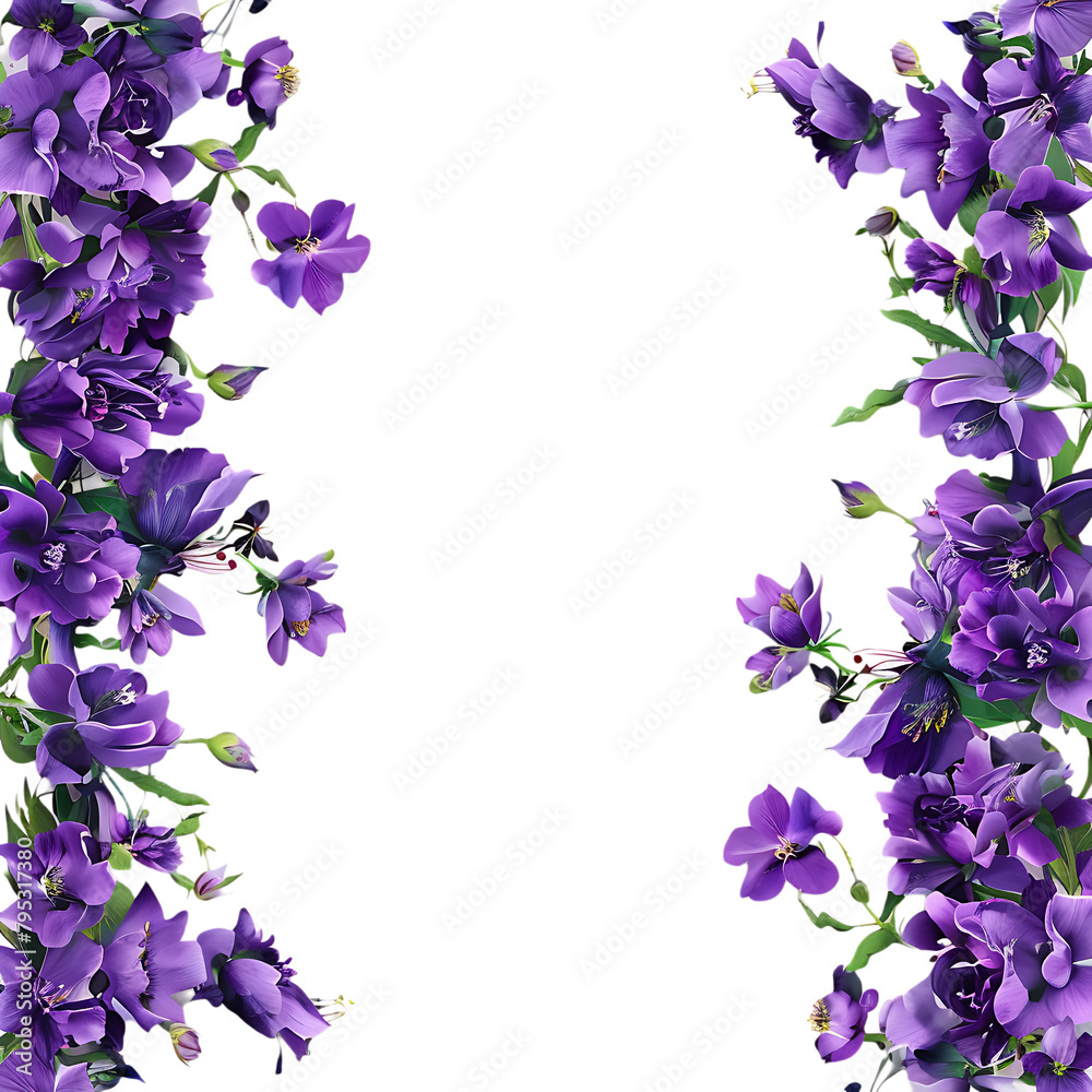 Two vertical borders of purple flowers and green leaves on a white background. Two vertical borders of purple flowers and green leaves on a white background.