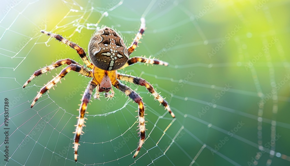 Detailed view of intricate hexagonal spiderweb with a spider positioned prominently at the center Detailed view of intricate hexagonal spiderweb with a spider positioned prominently at the center