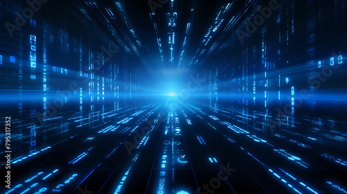 Digital data background with glowing blue lights and binary code