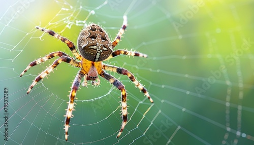 Detailed view of intricate hexagonal spiderweb with a spider positioned prominently at the center