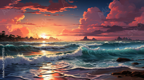 A tranquil beach at sunrise, where the gradient sky meets the calm, azure ocean horizon.