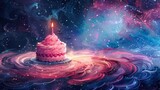 A birthday cake floating in space with a single candle lit. The cake is pink and white with rainbow sprinkles. The background is a dark blue with bright stars.