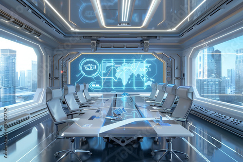 A futuristic conference room where AI algorithms analyze meeting dynamics to suggest agenda items and discussion topics.