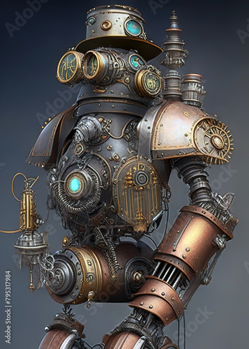 cute big steampunk robot in hat, futuristic, Ai generated illustration © pil76