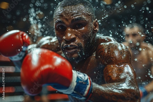 Intense focus on a boxer's face, sweat glistening, with dynamic action in the ring © Larisa AI