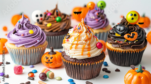 Different delicious Halloween cupcakes with candies on