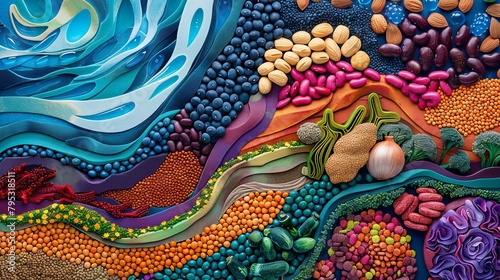 A beautiful and colorful depiction of different types of food, including fruits, vegetables, grains, and legumes.