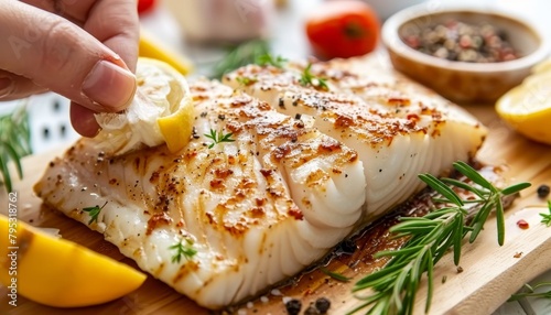 Gourmet chef crafting grilled fish filet in creamy lemon butter or cajun spicy sauce with herbs photo